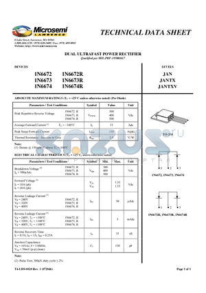 1N6672R datasheet - DUAL ULTRAFAST POWER RECTIFIER