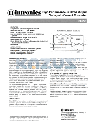 2B20 datasheet - High Performance, 4-20mA Output Voltage-to-Current Converter