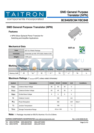 BC848A datasheet - SMD General Purpose Transistor (NPN)