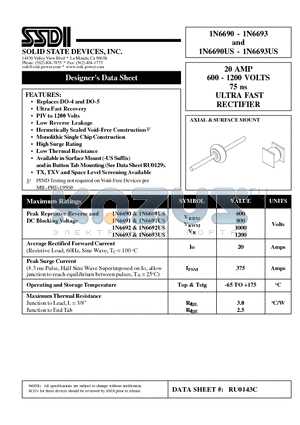 1N6690 datasheet - 20 AMP 600 - 1200 VOLTS 75 ns ULTRA FAST RECTIFIER