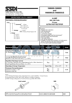 1N6690SMS datasheet - 20 AMP 600-1200 Volts 75 nsec ULTRA FAST RECTIFIER