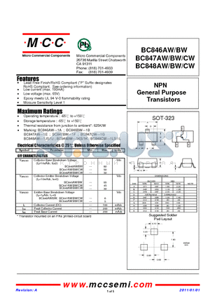 BC848AW datasheet - NPN General Purpose Transistors