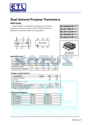 BC848BDW1T1 datasheet - Dual General Purpose Transistors