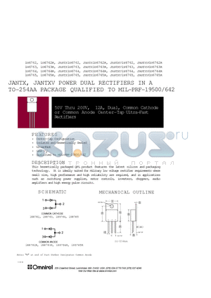 1N6764 datasheet - JANTX, JANTXV POWER DUAL RECTIFIERS IN A TO-254AA PACKAGE QUALIFIED TO MIL-PRF-19500/642