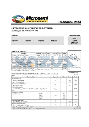 1N6774 datasheet - ULTRAFAST SILICON POWER RECTIFIER