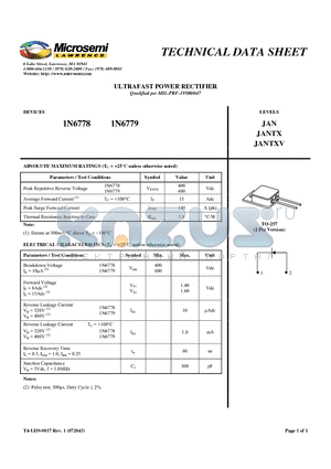 1N6778 datasheet - ULTRAFAST POWER RECTIFIER