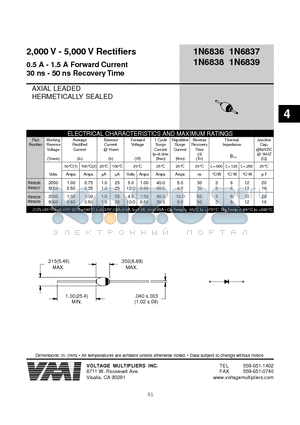 1N6837 datasheet - 2,000 V - 5,000 V Rectifiers 0.5 A - 1.5 A Forward Current 30 ns - 50 ns Recovery Time