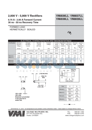 1N6838LL datasheet - 2,000 V - 5,000 V Rectifiers 0.75 A - 2.00 A Forward Current 30 ns - 50 ns Recovery Time