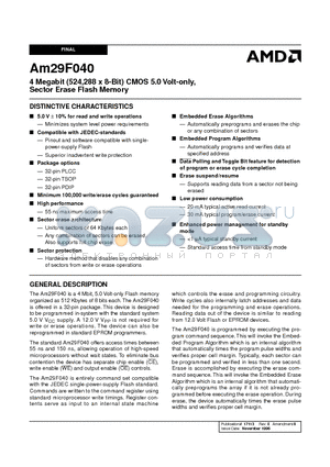 AM29F040 datasheet - 4 Megabit (524,288 x 8-Bit) CMOS 5.0 Volt-only, Sector Erase Flash Memory