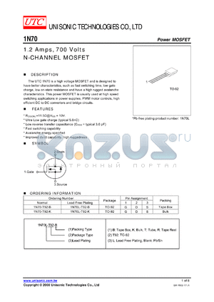 1N70-T92-B datasheet - 1.2 Amps, 700 Volts N-CHANNEL MOSFET