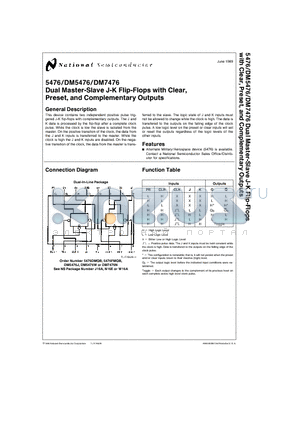 DM7476 datasheet - Dual Master-Slave J-K Flip-Flops with Clear, Preset, and Complementary Outputs