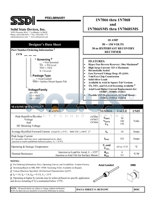 1N7066SMS datasheet - 10 AMP 50 -150 VOLTS 30 ns HYPERFAST RECOVERY RECTIFIER