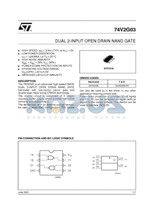 74V2G03 datasheet - DUAL 2-INPUT OPEN DRAIN NAND GATE