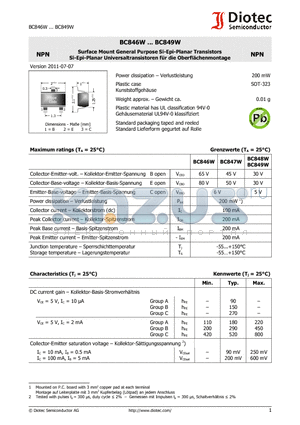 BC849BW datasheet - Surface Mount General Purpose Si-Epi-Planar Transistors