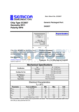 2C2857 datasheet - Chip Type 2C2857 Geometry 0011 Polarity NPN