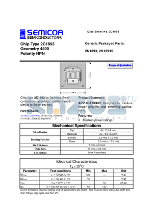 2C1893 datasheet - Chip Type 2C1893 Geometry 4500 Polarity NPN