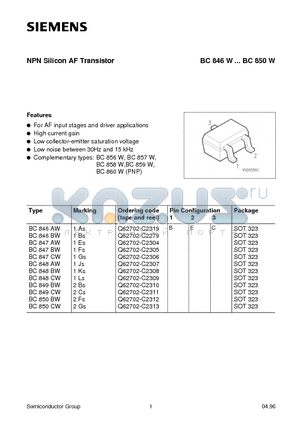 BC849CW datasheet - NPN Silicon AF Transistor (For AF input stages and driver applications High current gain Low collector-emitter saturation voltage)