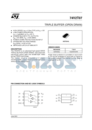 74V2T07STR datasheet - TRIPLE BUFFER (OPEN DRAIN)