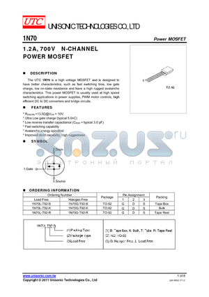 1N70G-T92-R datasheet - 1.2A, 700V N-CHANNEL POWER MOSFET