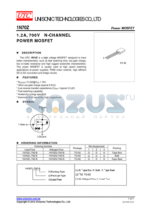 1N70ZG-T92-R datasheet - 1.2A, 700V N-CHANNEL POWER MOSFET