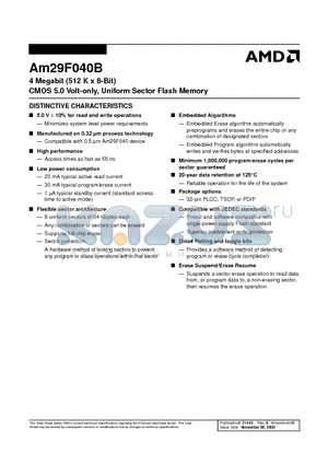 AM29F040B-120JC datasheet - 4 Megabit (512 K x 8-Bit) CMOS 5.0 Volt-only, Uniform Sector Flash Memory