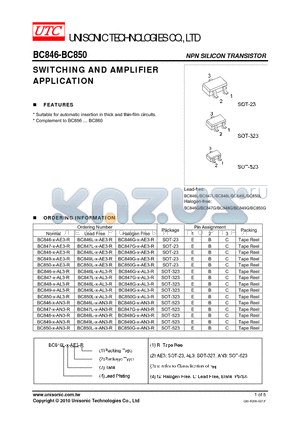 BC850L-X-AE3-R datasheet - SWITCHING AND AMPLIFIER APPLICATIONS