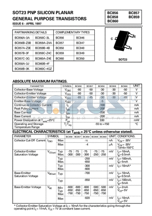 BC856 datasheet - SOT23 PNP SILICON PLANAR GENERAL PURPOSE TRANSISTORS