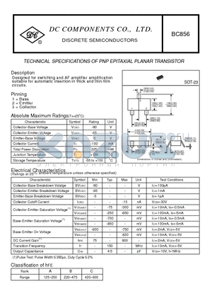 BC856 datasheet - TECHNICAL SPECIFICATIONS OF PNP EPITAXIAL PLANAR TRANSISTOR