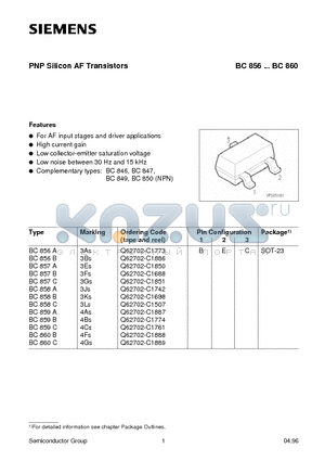 BC856-BC860 datasheet - PNP Silicon AF Transistors (For AF input stages and driver applications High current gain Low collector-emitter saturation voltage)