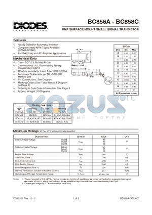 BC856A datasheet - PNP SURFACE MOUNT SMALL SIGNAL TRANSISTOR