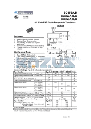 BC856A datasheet - 0.2 Watts PNP Plastic-Encapsulate Transistors