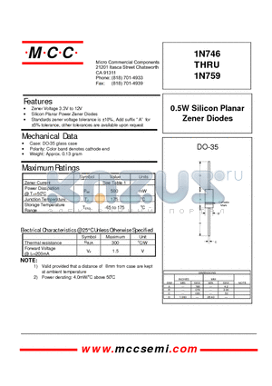 1N748 datasheet - 0.5W Silicon Planar Zener Diodes
