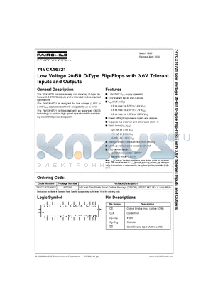 74VCX16721MTD datasheet - Low Voltage 20-Bit D-Type Flip-Flops with 3.6V Tolerant Inputs and Outputs