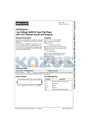 74VCX16721MTD datasheet - Low Voltage 20-Bit D-Type Flip-Flops with 3.6V Tolerant Inputs and Outputs