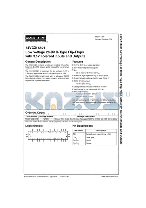 74VCX16821MTDX datasheet - Low Voltage 20-Bit D-Type Flip-Flops with 3.6V Tolerant Inputs and Outputs