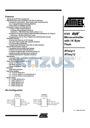 ATTINY11 datasheet - 8-bit AVR Microcontroller with 1K Byte Flash