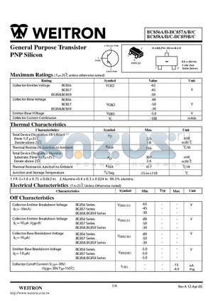 BC857A datasheet - General Purpose Transistor PNP Silicon