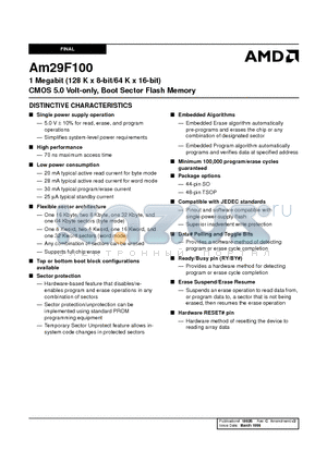 AM29F100B-120EI datasheet - 1 Megabit (128 K x 8-bit/64 K x 16-bit) CMOS 5.0 Volt-only, Boot Sector Flash Memory