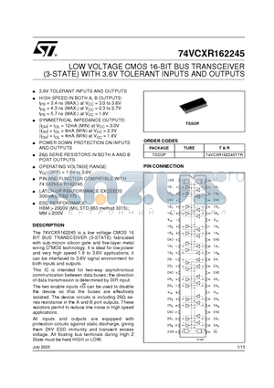 74VCXR162245TTR datasheet - LOW VOLTAGE CMOS 16-BIT BUS TRANSCEIVER (3-STATE) WITH 3.6V TOLERANT INPUTS AND OUTPUTS