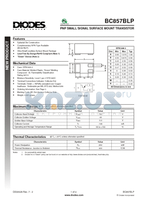 BC857BLP datasheet - PNP SMALL SIGNAL SURFACE MOUNT TRANSISTOR