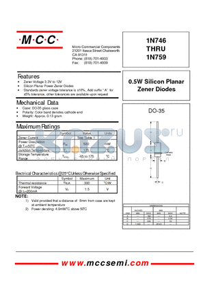 1N753 datasheet - 0.5W Silicon Planar Zener Diodes