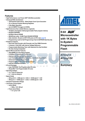 ATTINY13 datasheet - 8-bit Microcontroller with 1K Bytes In-System Programmable Flash