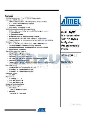 ATTINY13A-MMUR datasheet - 8-bit Microcontroller with 1K Bytes In-System Programmable Flash