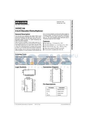 74VHC138NX datasheet - 3-to-8 Decoder/Demultiplexer