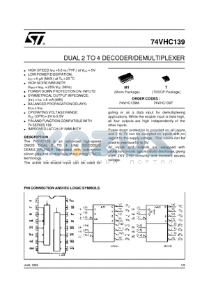 74VHC139T datasheet - DUAL 2 TO 4 DECODER/DEMULTIPLEXER