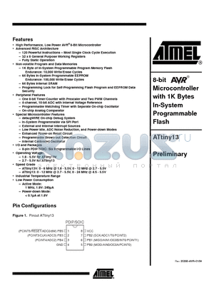 ATTINY13-12PI datasheet - 8-bit AVR Microcontroller with 1K Bytes In-System Programmable Flash