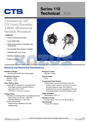 118GA324K500A1 datasheet - Commercial 3/4inch  (19.1mm) Diameter, 2-Watt, Wirewound Variable Resisters