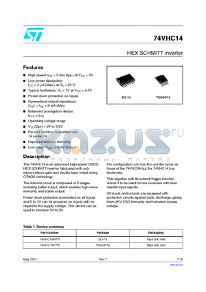 74VHC14MTR datasheet - HEX SCHMITT inverter