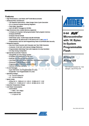 ATTINY13-20PU datasheet - 8-bit Microcontroller with 1K Bytes In-System Programmable Flash