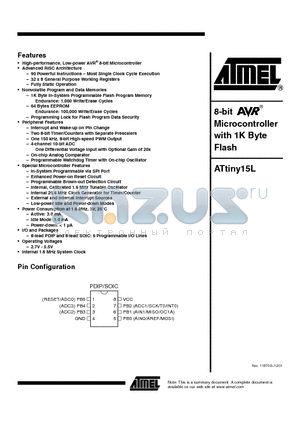 ATTINY15L-1PI datasheet - 8-bit AVR Microcontroller with 1K Byte Flash